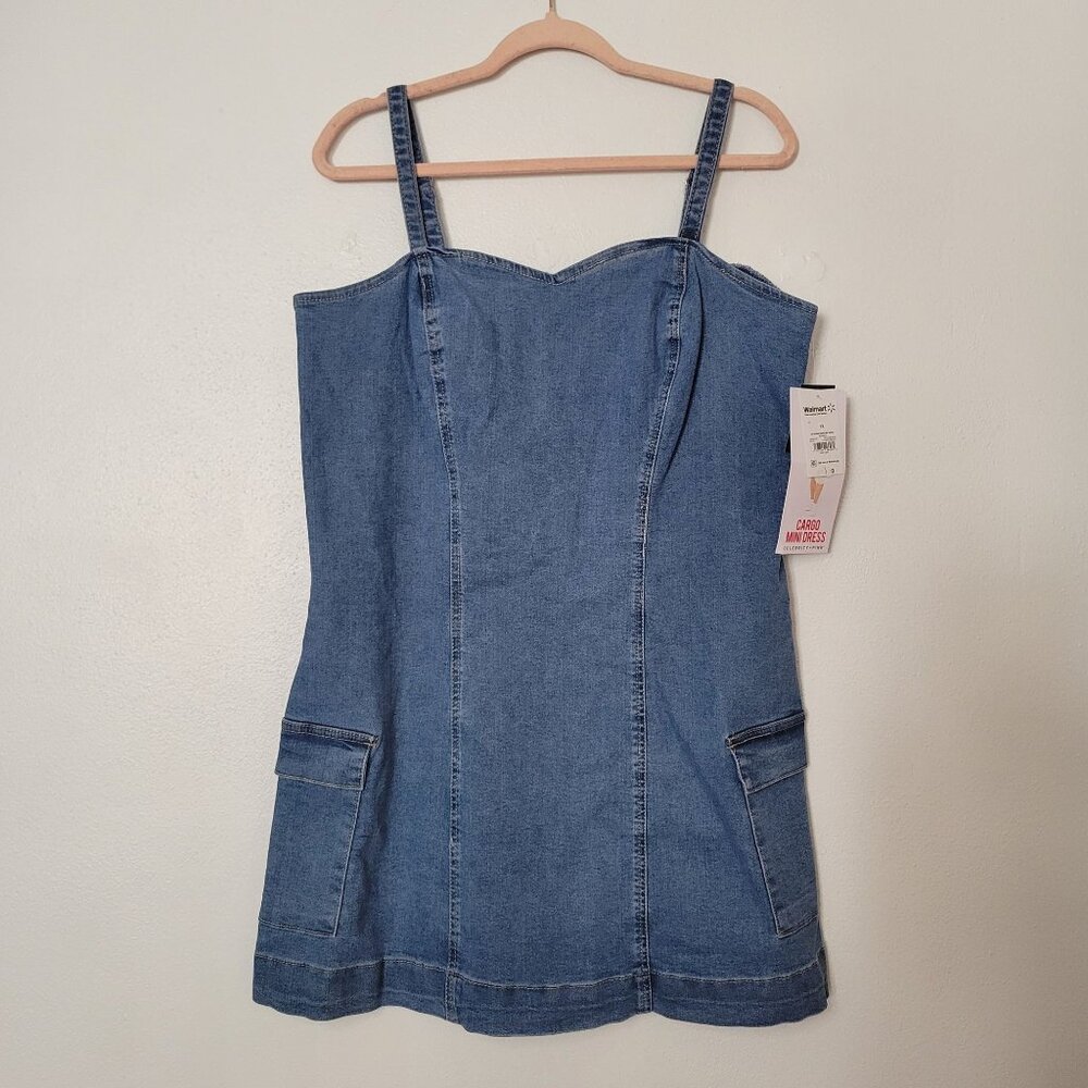 Celebrity Pink Denim Mini Dress 1X With Pockets Sleeveless Smocked Back Cotton B